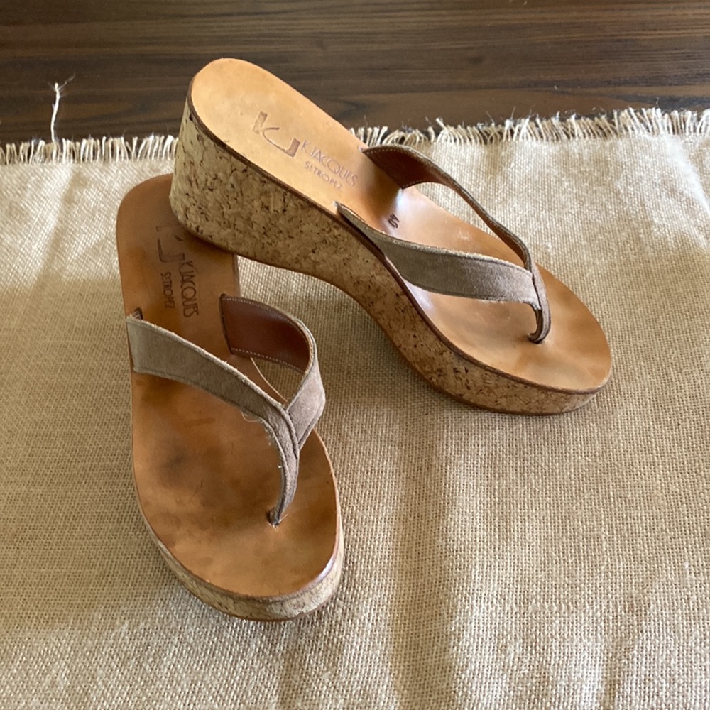 k.Jacques Diorite Leather Cork Wedge Sandals